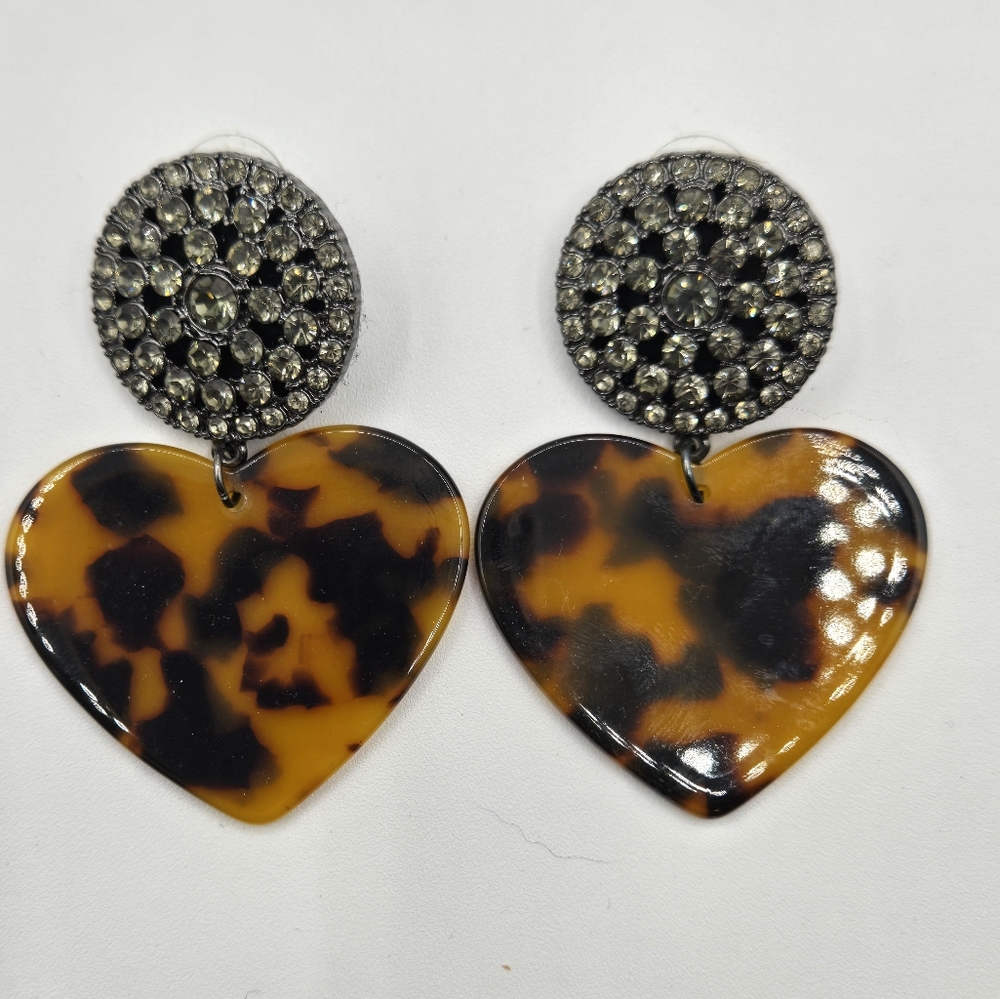 EXPRESS Fashion Earrings Chrome Rhinestones Tortoise Shell Heart - Picture 2 of 4